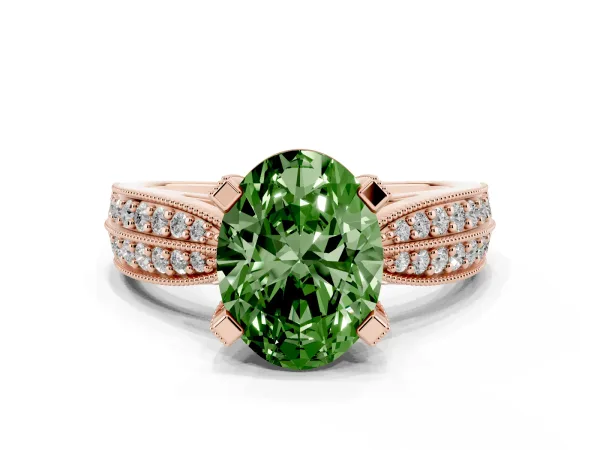 Fancy Green Oval Cut Diamond Solitaire Ring with Milgrain Round Pavé Band and Prong Setting Rose gold