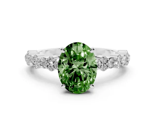 Fancy Green Oval Cut Diamond Side Stone Solitaire Ring with Round and Four-Prong Setting White gold
