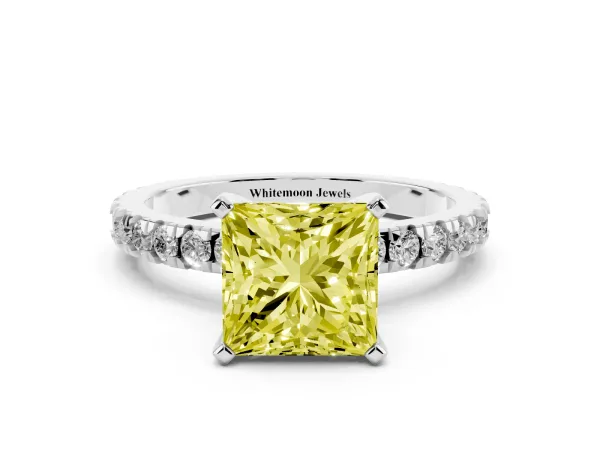 Fancy Yellow Princess Cut Diamond Pavé Band Solitaire with Four-Prong Setting Platinum