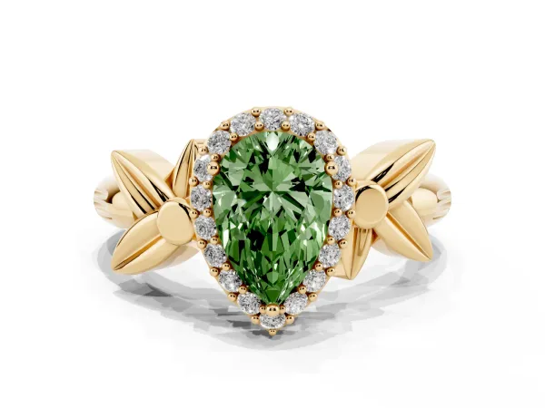 Fancy Green Pear Cut Halo Diamond Floral Band with Four-Prong Setting Yellow gold