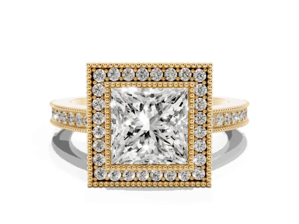 Princess Cut Cut Halo Pavé Diamond Ring Yellow gold