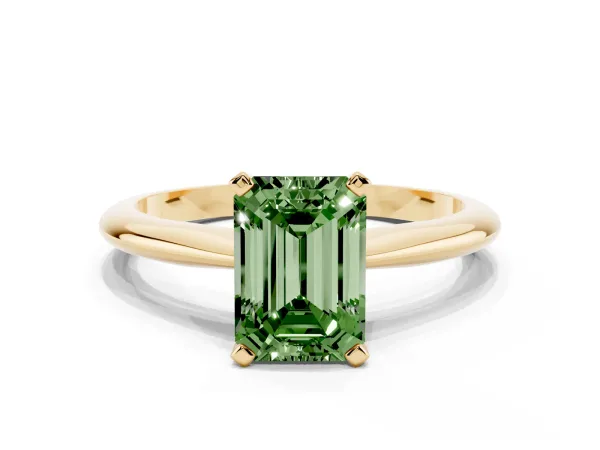 Fancy Green Emerald Cut Diamond Solitaire Engagement Ring with Classic Band and Four-Prong Setting Yellow gold