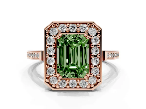 Fancy Green Emerald Cut Diamond Halo Ring with Split Shank and Four-Prong Setting Rose gold