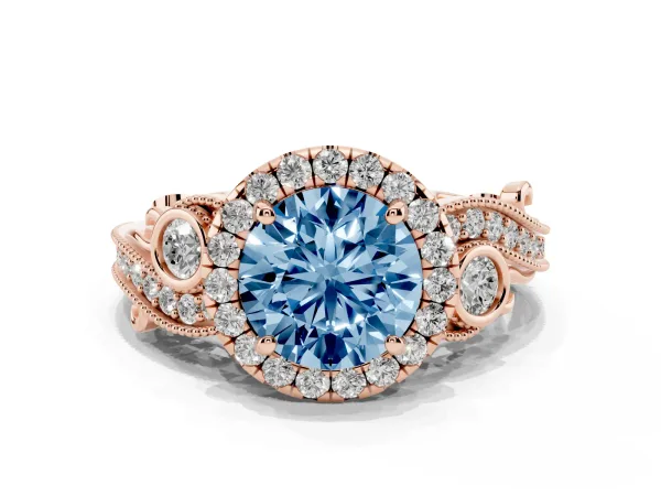 Fancy Blue Round Cut Halo Diamond Ring with Milgrain and Bezel Accents on a Split Shank Band Rose gold
