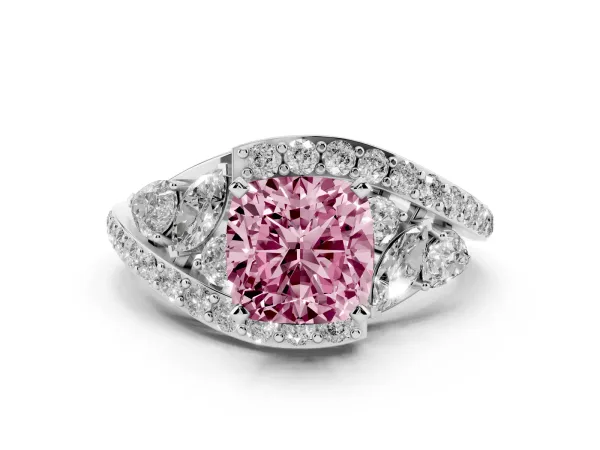 Fancy Pink Cushion Cut Diamond Halo Ring with Marquise and Pavé Band in Prong Setting White gold