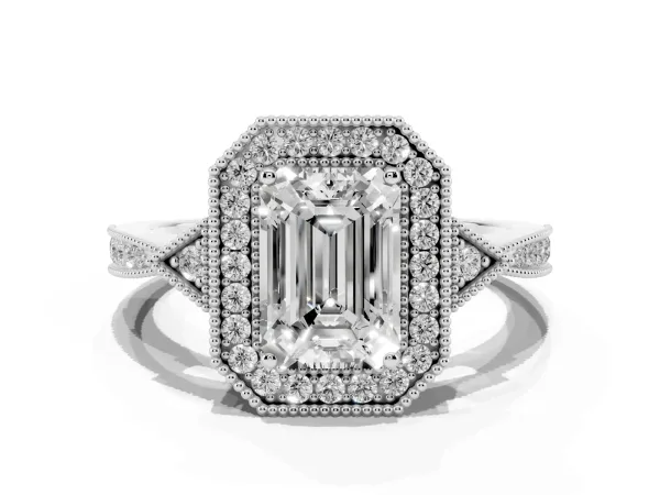 Emerald Cut Halo Round Diamond Milgrain Pave Engagement Ring White gold