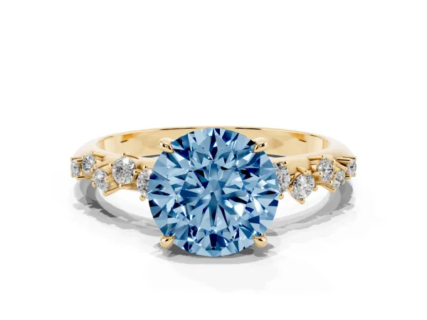 Fancy Blue Round Cut Diamond Cluster Side Stone Solitaire Ring with Prong Setting Yellow gold