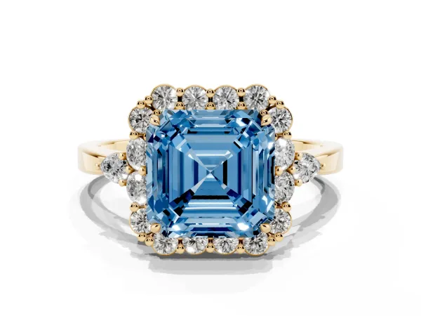 Fancy Blue Asscher Cut Diamond Halo Ring with Pear Side Stones and Prong Setting Yellow gold