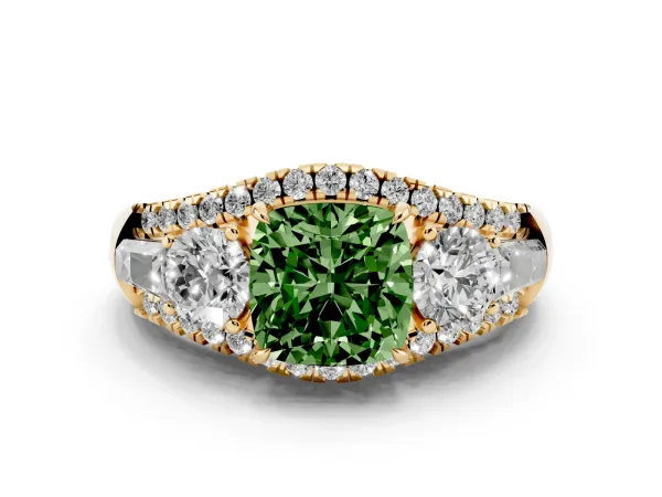 Fancy Green Three-Stone Cushion Cut Diamond Engagement Ring with Pave Band and Prong Setting Yellow gold