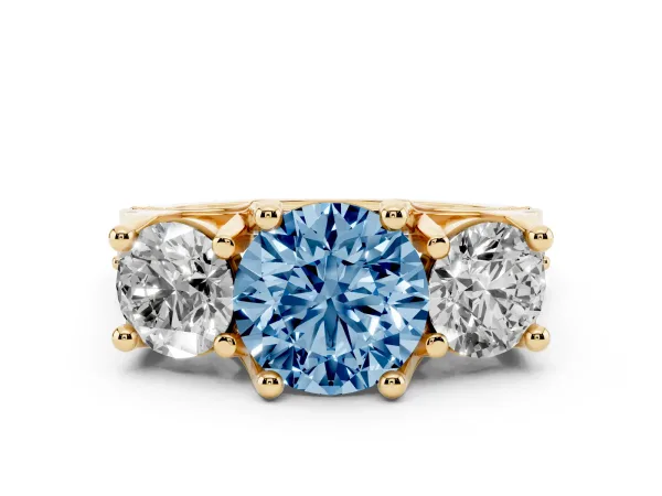 Fancy Blue Round Cut Diamond Three-Stone Ring with Channel Set Band and Four-Prong Setting Yellow gold