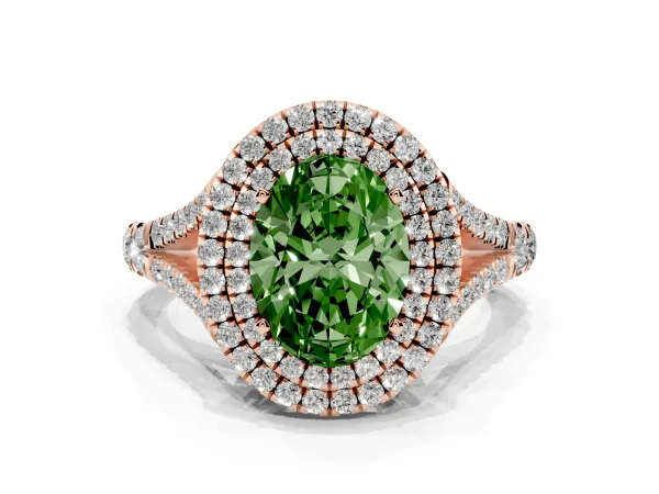 Fancy Green Oval Cut Diamond Pavé Split Shank Double Halo Engagement Ring Rose gold