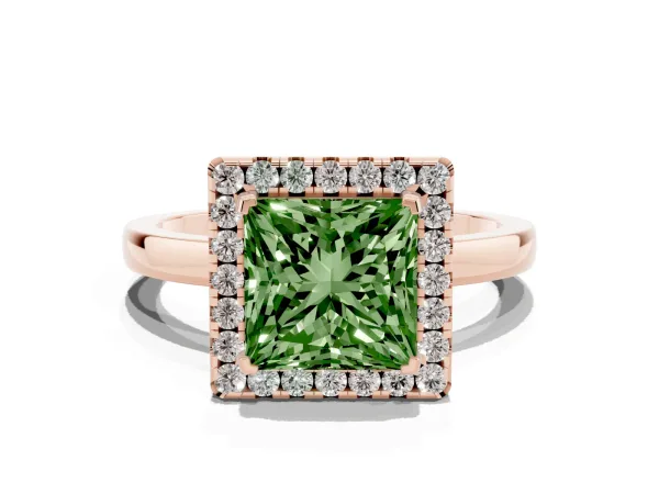 Fancy Green Princess Cut Halo Diamond Solitaire with Pavé Band and Four-Prong Setting Rose gold