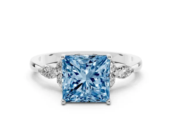 Fancy Blue Princess Cut Brilliant Diamond Solitaire Ring with Pear Side Stones and Four-Prong Setting White gold