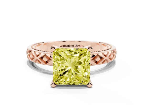 Fancy Yellow Princess Cut Solitaire Diamond Ring with Milgrain and Black Enamel X Pattern Band Rose gold