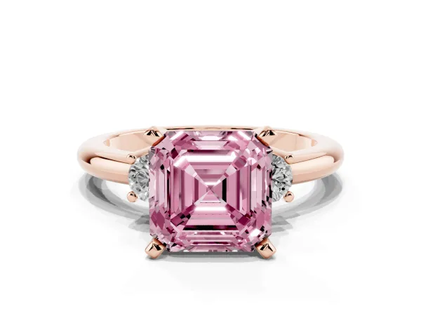 Fancy Pink Three-Stone Asscher Cut Cut Diamond Solitaire with Prong Setting and Classic Band Rose gold