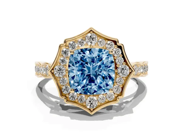 Fancy Blue Cushion Cut Halo Diamond Engagement Ring with Milgrain Band and Four-Prong Setting Yellow gold