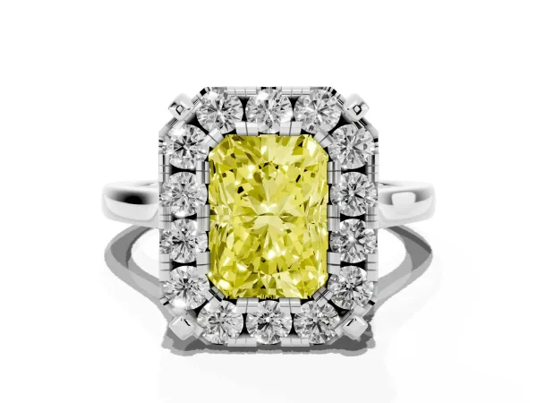 Fancy Yellow Radiant Cut Diamond Cluster Halo Solitaire with Four-Prong Setting White gold
