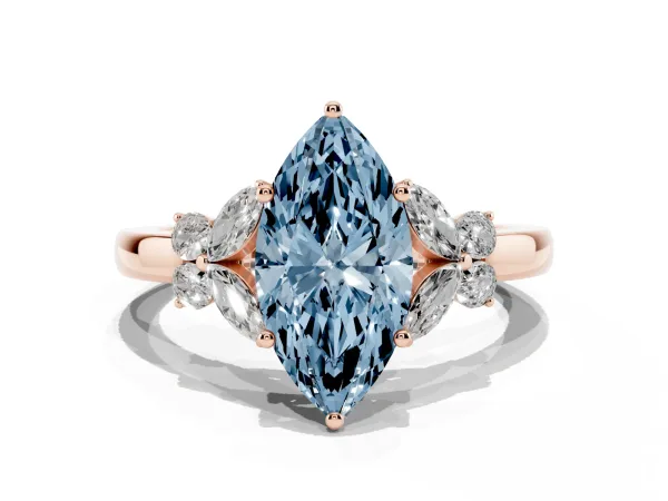 Fancy Blue Marquise Cut Cut Solitaire Floral Diamond Ring with Four-Prong Setting Rose gold