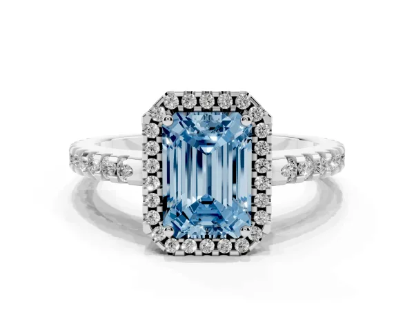Fancy Blue Emerald Cut Diamond Halo Engagement Ring with Pavé Band and Prong Setting White gold