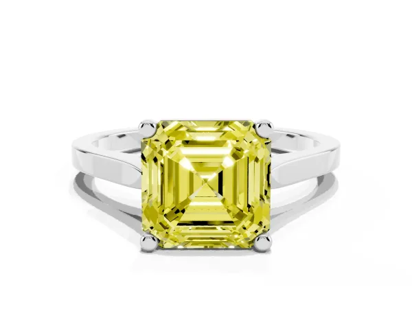 Fancy Yellow Asscher Cut Solitaire Diamond Ring with Four-Prong Setting and Tapered Band Platinum