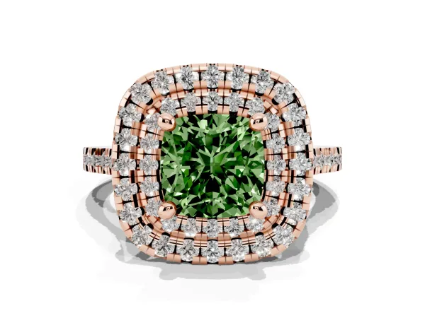 Fancy Green Double Halo Cushion Cut Diamond Pavé Band with Four-Prong Setting Rose gold