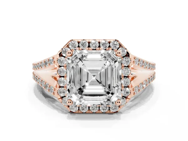 Asscher Cut Halo Split Shank Diamond Ring with Prong Setting Rose gold
