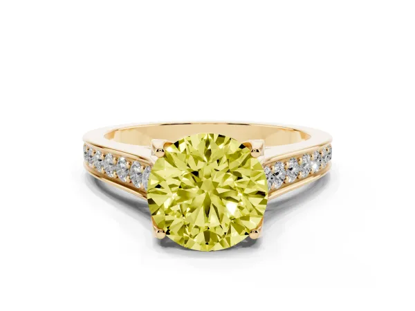Fancy Yellow Round Cut Brilliant Cut Diamond Engagement Ring with Pavé Band and Four-Prong Setting Yellow gold