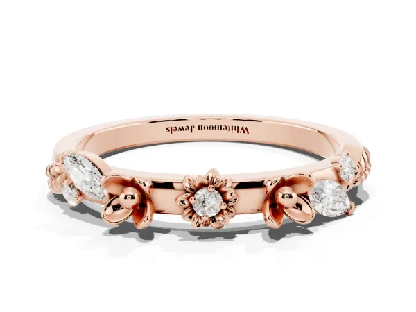 Floral Diamond Band with Round and Marquise Stones, White Gold, Prong Setting Rose gold