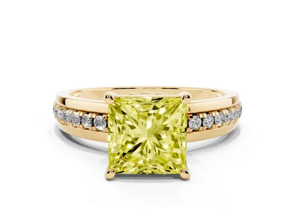 Fancy Yellow Princess Cut Solitaire Diamond Ring with Channel Set Band and Six-Prong Setting Yellow gold