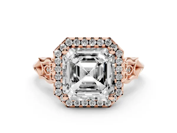 Asscher Cut Halo Diamond Engagement Ring with Filigree Band and Four-Prong Setting Rose gold