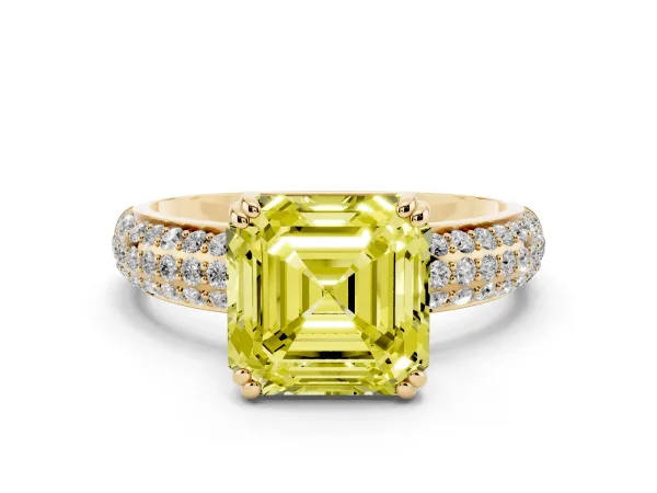 Fancy Yellow Asscher Cut Diamond Solitaire Ring with Multi-Row Round Pavé Band and Prong Setting Yellow gold