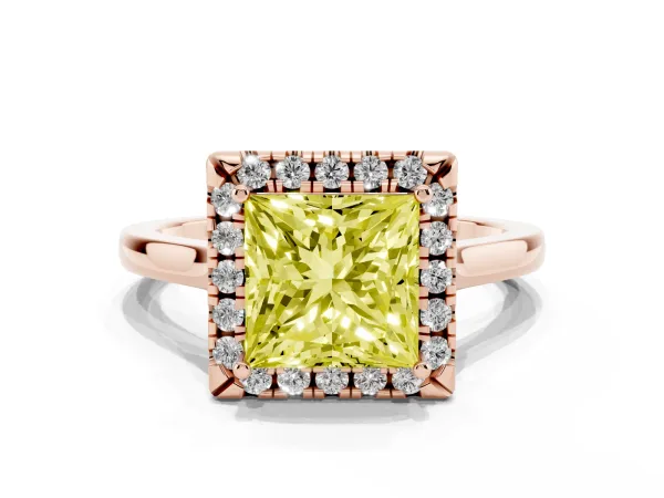 Fancy Yellow Princess Cut Halo Round Diamond Solitaire Ring with Pavé Band and Four-Prong Setting Rose gold