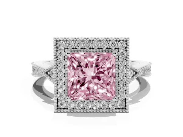 Fancy Pink Princess Cut Halo Round Diamond Milgrain Pave Engagement Ring White gold