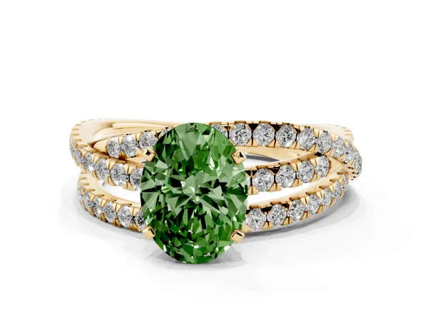 Fancy Green Oval Cut Solitaire Twist Band with Pavé Setting and Four-Prong Setting Yellow gold
