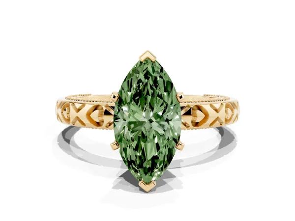 Fancy Green Marquise Cut Solitaire Diamond Engagement Ring with XO Engraved Band and Four-Prong Setting Yellow gold