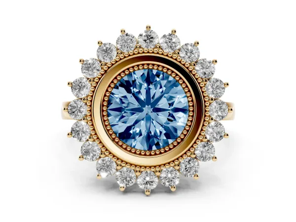 Fancy Blue Round Cut Halo Diamond Ring with Milgrain Edge and Round Prong Setting Yellow gold