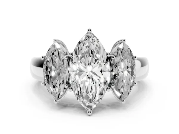 Three-Stone Marquise Cut Cut Diamond Ring with Prong Setting and Classic Band White gold