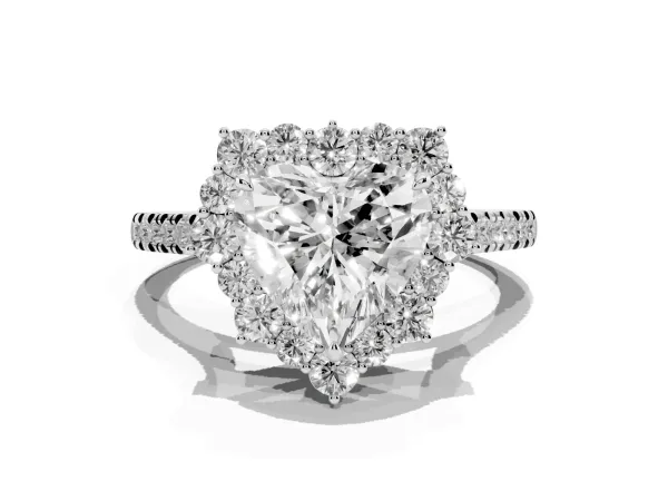 Heart Cut Halo Diamond Ring with Pavé Band and Prong Setting White gold