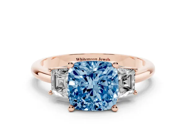 Fancy Blue Cushion Cut Diamond Three-Stone Ring with Trapezoid Side Stones and Prong Setting Rose gold