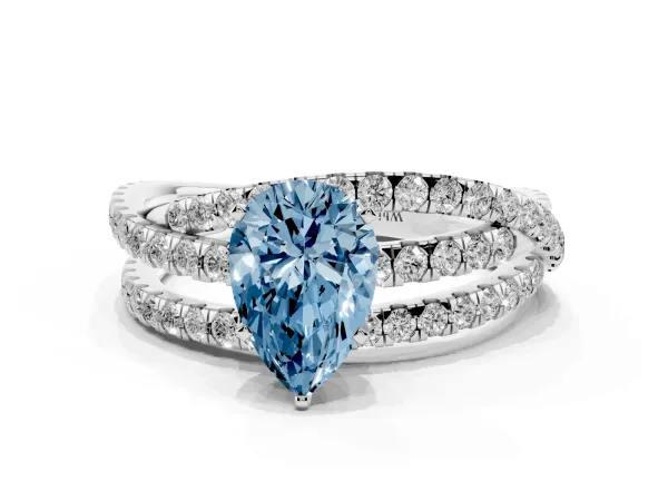Fancy Blue Pear Cut Solitaire Twist Band with Pavé Setting and Four-Prong Setting White gold