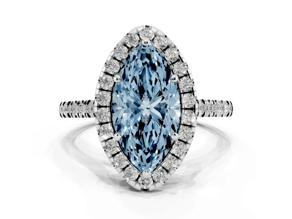 Fancy Blue Marquise Cut Diamond Cushion Halo Ring with Pavé Band Platinum