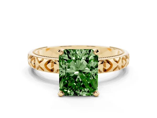 Fancy Green Radiant Cut Solitaire Diamond Engagement Ring with XO Engraved Band and Four-Prong Setting Yellow gold