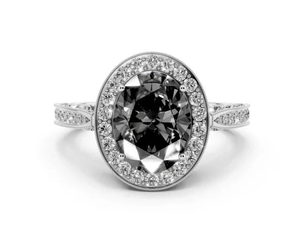 Fancy Black Oval Cut Halo Diamond Engagement Ring with Split Shank Band and Four-Prong Setting Platinum