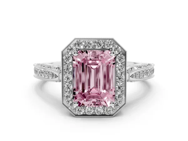 Fancy Pink Emerald Cut Halo Diamond Engagement Ring with Split Shank Band and Four-Prong Setting Platinum