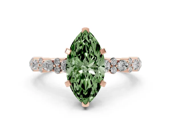 Fancy Green Marquise Cut Diamond Side Stone Solitaire Ring with Round and Four-Prong Setting Rose gold