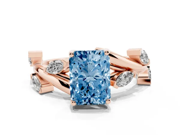 Fancy Blue Radiant Cut Solitaire Twisted Band Marquise Accent Prong Setting Ring Rose gold