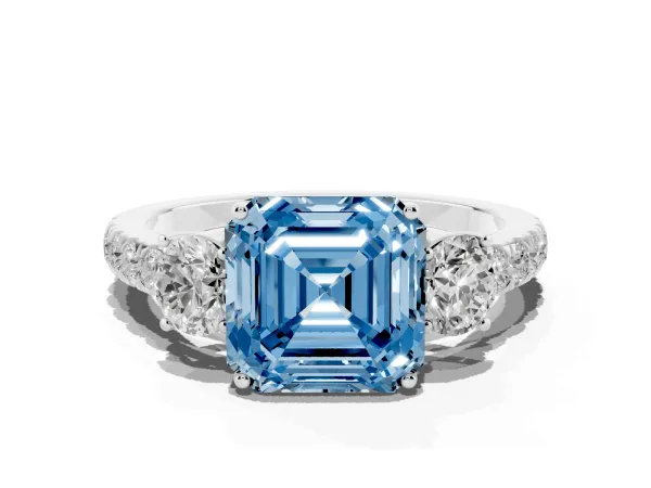 Fancy Blue Asscher Cut Cut Diamond Three-Stone Ring with Round Side Stones and Pavé Band Platinum