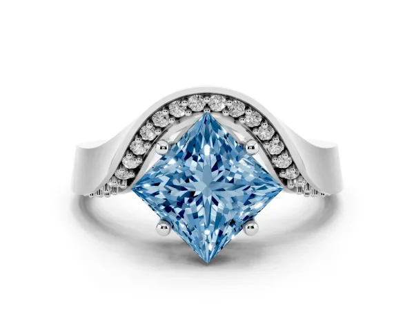 Fancy Blue Princess Cut Solitaire Diamond Engagement Ring with Pave Band and Four-Prong Setting White gold