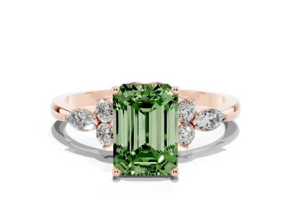 Fancy Green Emerald Cut Brilliant Diamond Solitaire Ring with Pear Side Stones and Four-Prong Setting Rose gold
