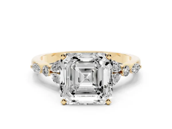 Asscher Cut Diamond Solitaire Ring with Side Stones and Four-Prong Setting Yellow gold